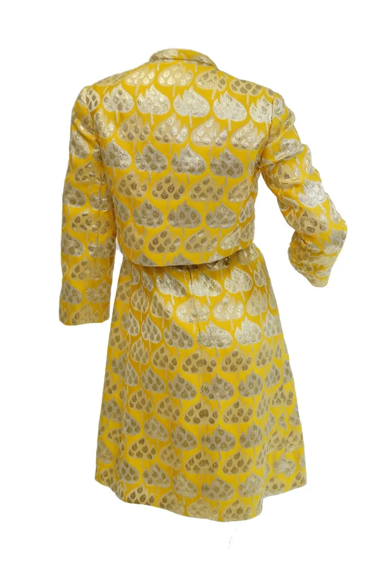 1960s Mollie Parnis Gold and Yellow Leaf Print Cocktail Dress