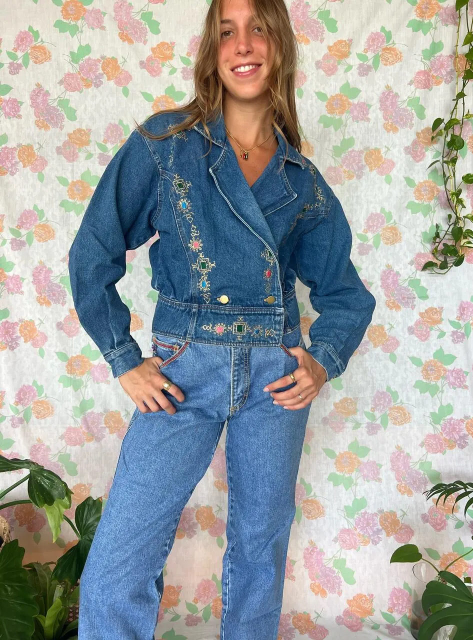 90's Embroidered Denim Bomber