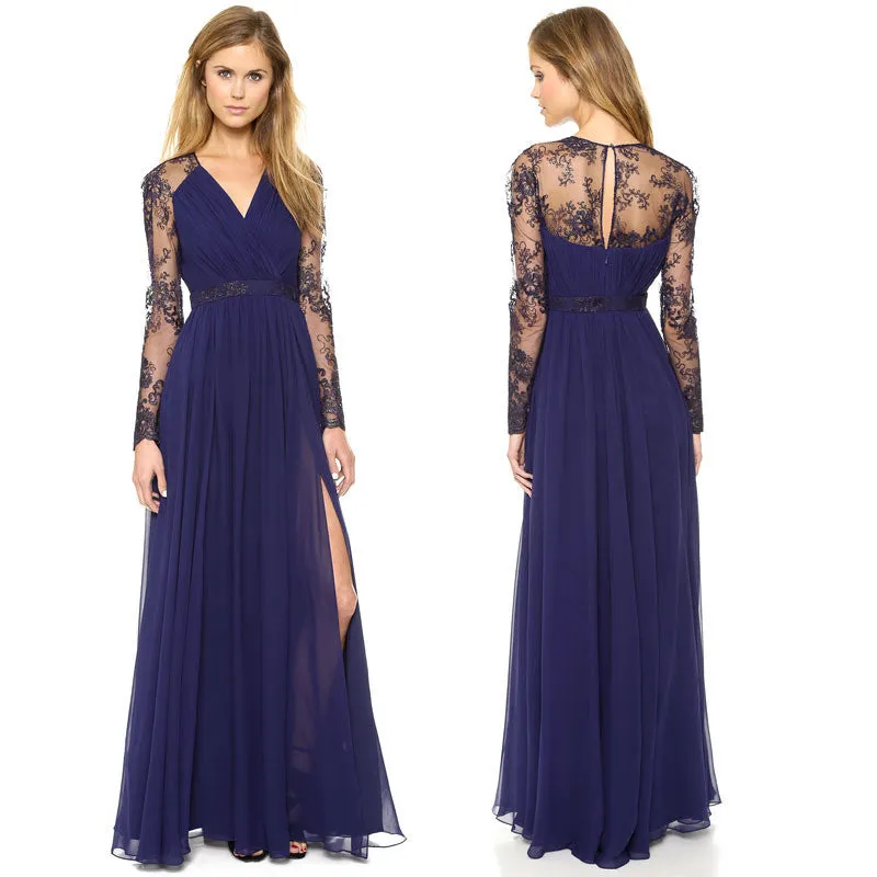 Beautiful Chiffon Lace Patchwork Deep V Neck Long Party Dress