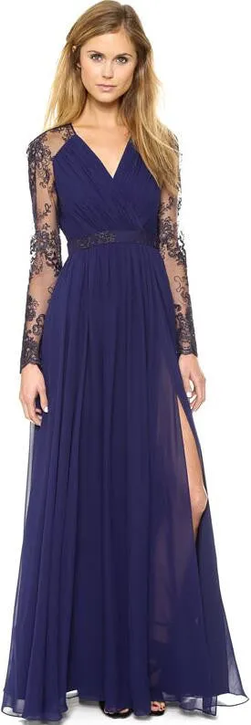 Beautiful Chiffon Lace Patchwork Deep V Neck Long Party Dress