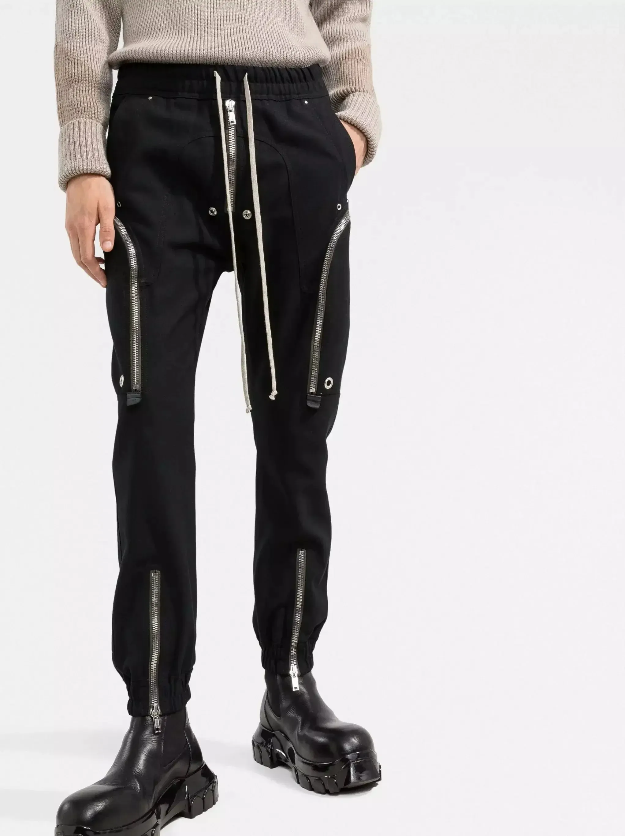 Black Cargo Pants with Zip-Detail and Tie-Waist