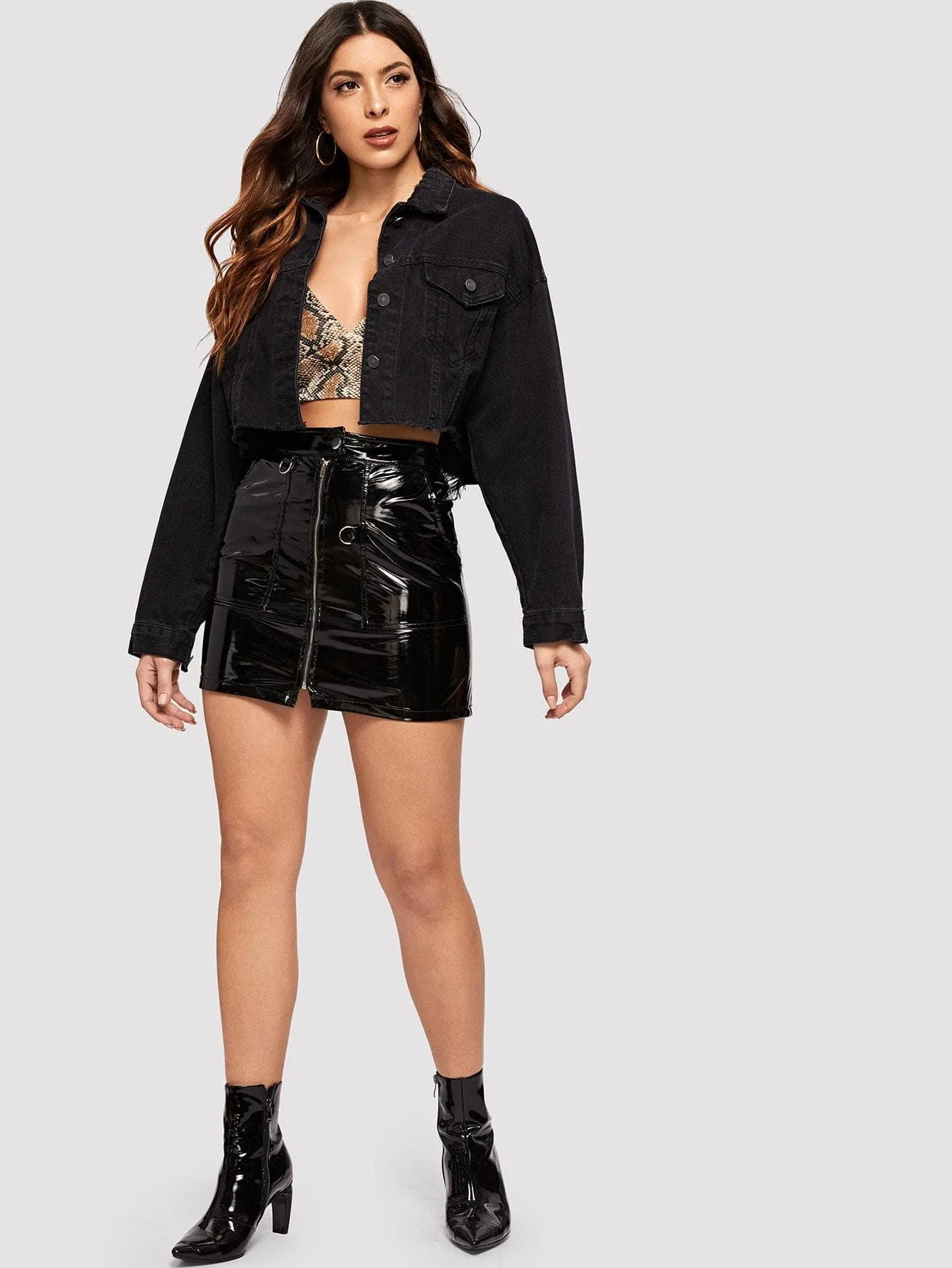 Black Single Breasted Drop Shoulder Ripped Crop Denim Jacket