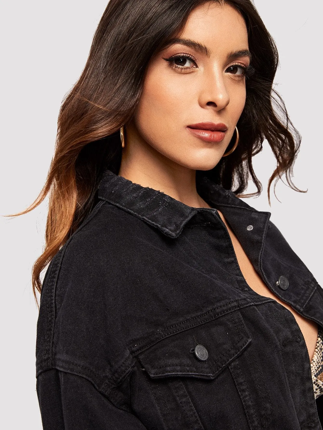 Black Single Breasted Drop Shoulder Ripped Crop Denim Jacket