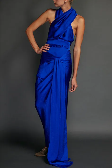 Blue Washed Satin Draped Halter Dress