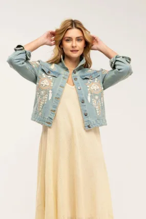 Boho Style Denim Jacket With Embroidered Inserts And Rhinestones