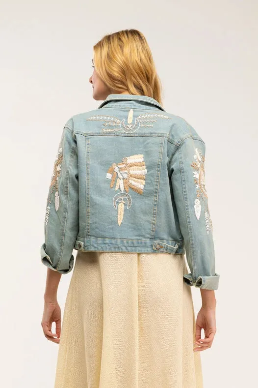 Boho Style Denim Jacket With Embroidered Inserts And Rhinestones