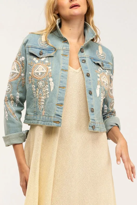 Boho Style Denim Jacket With Embroidered Inserts And Rhinestones