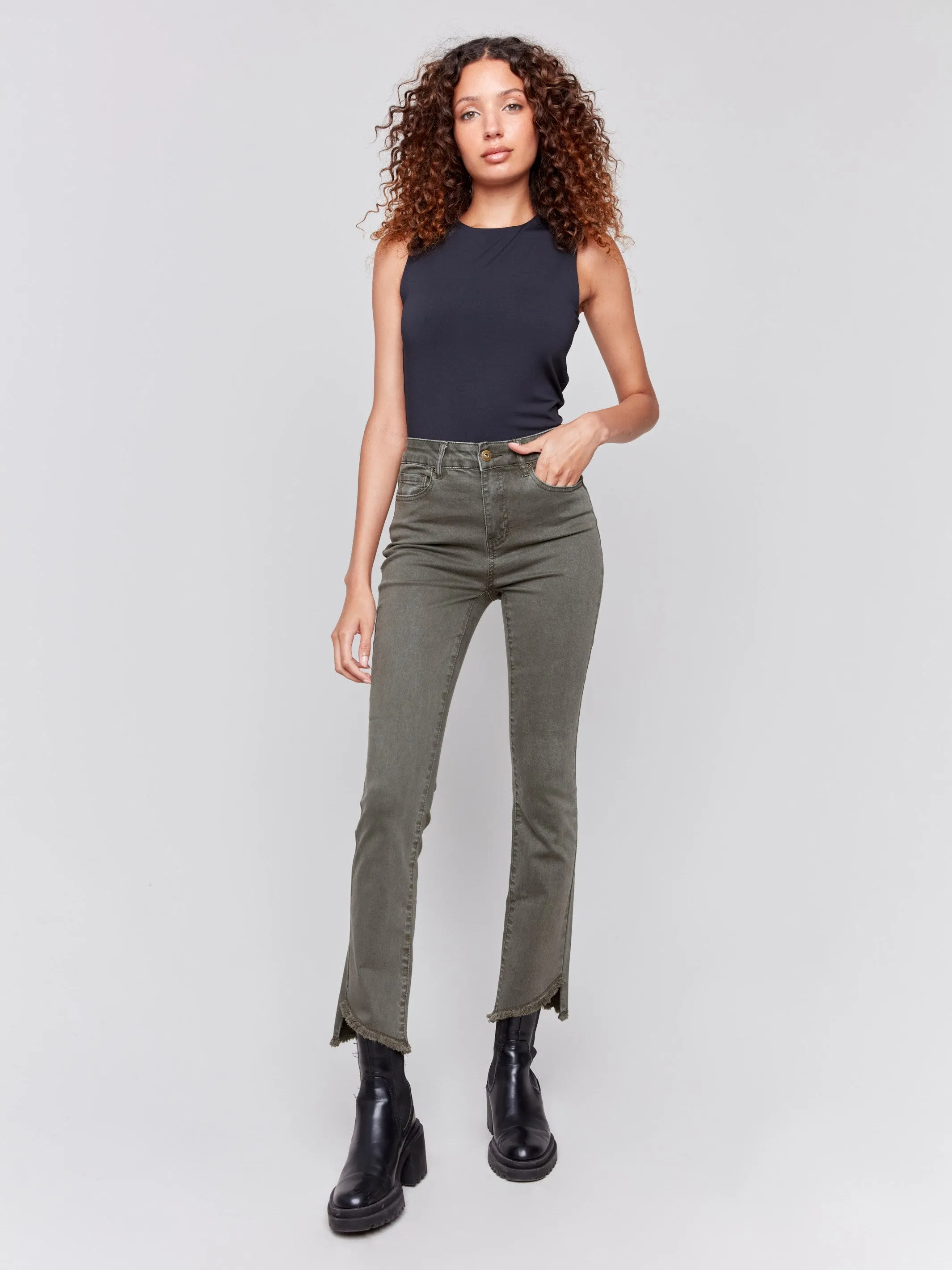 Bootcut Twill Pants with Asymmetrical Hem - Spruce