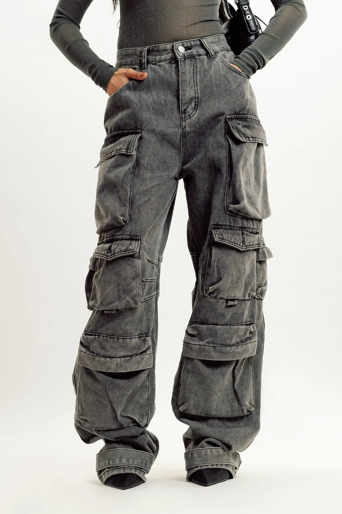 Charcoal Street Style Cargo Jeans