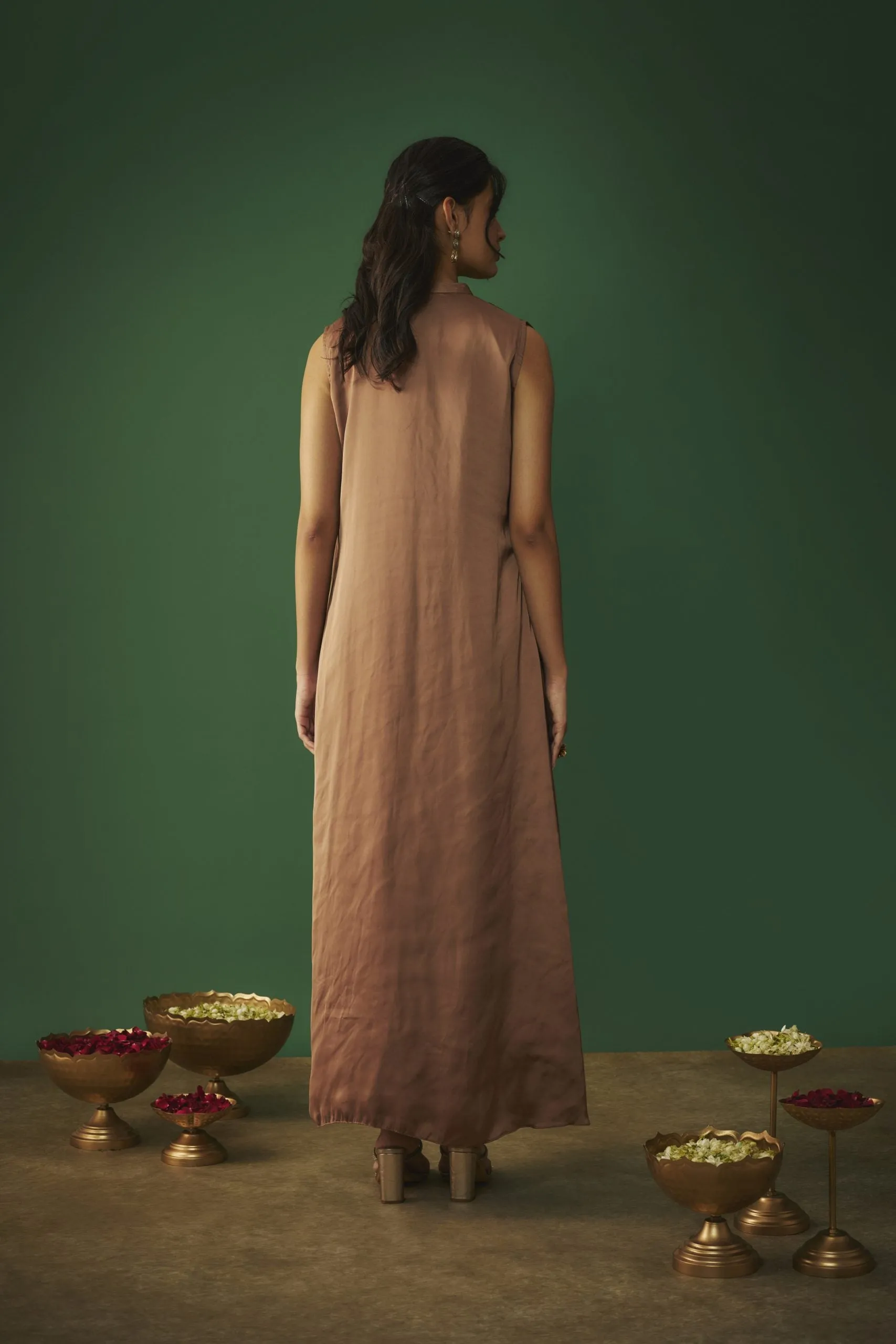 COFFEE BROWN MUKAISH EMBROIDERED DRAPED GOWN