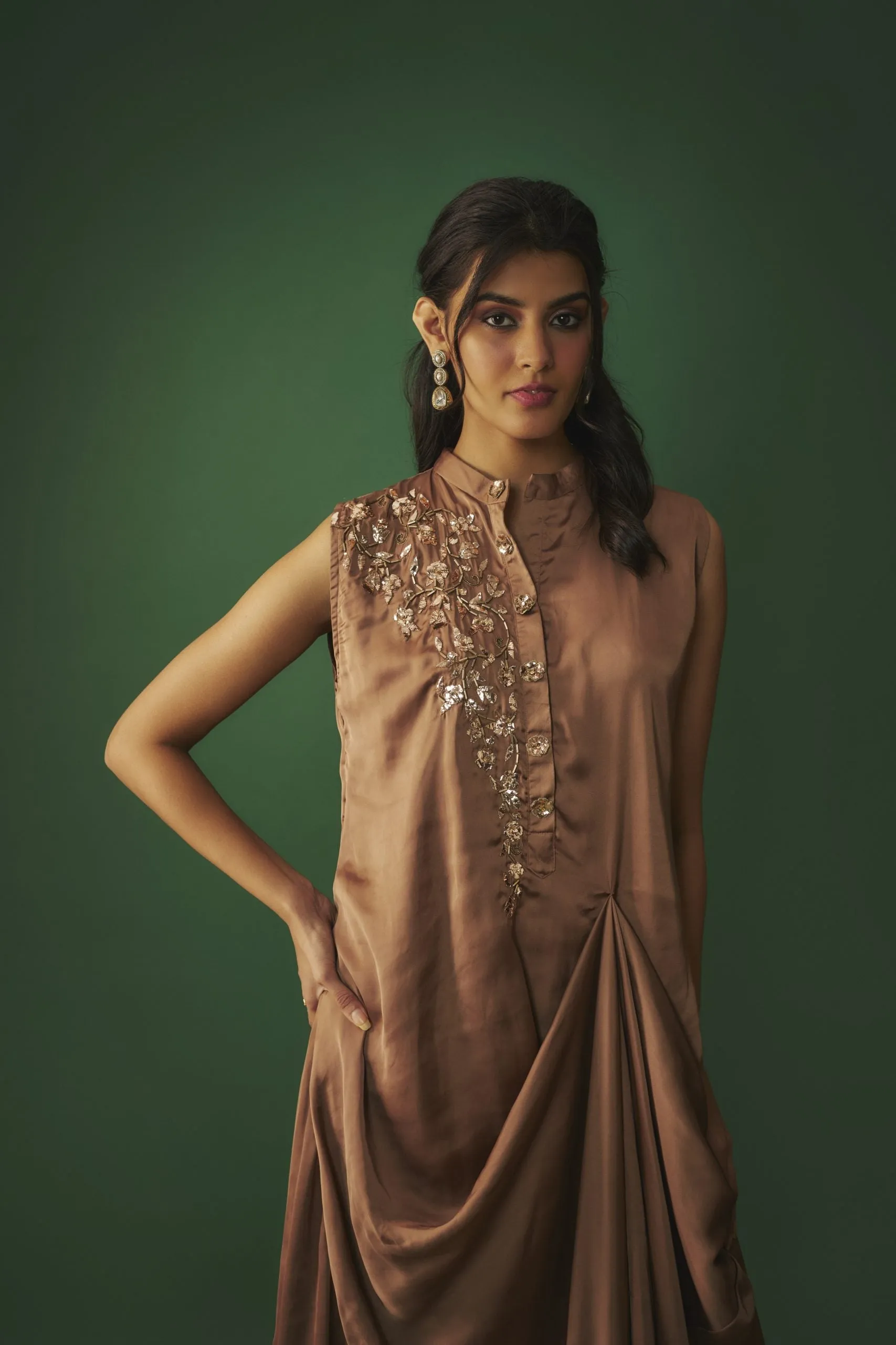 COFFEE BROWN MUKAISH EMBROIDERED DRAPED GOWN