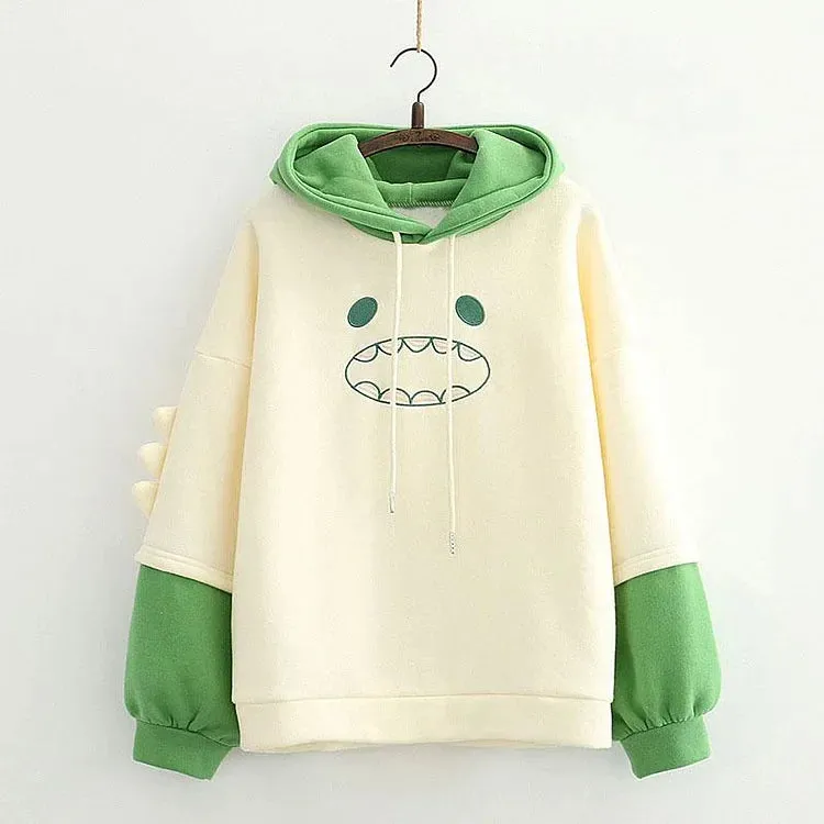 Dino Dreams: Harajuku Dinosaur Colorblock Sweatshirt Hoodie - Cute Comfort for Every Adventure! 🦕👚