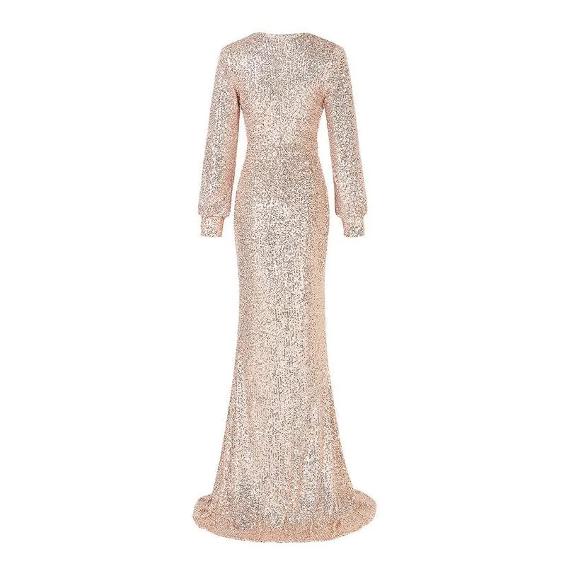 Gold Evening Dress Long Sleeve High Split Sequin Dress Long