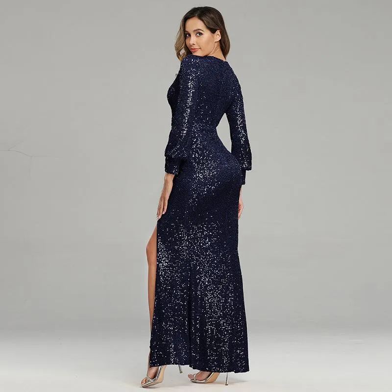 Gold Evening Dress Long Sleeve High Split Sequin Dress Long