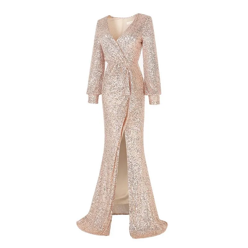 Gold Evening Dress Long Sleeve High Split Sequin Dress Long