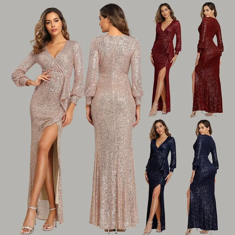 Gold Evening Dress Long Sleeve High Split Sequin Dress Long