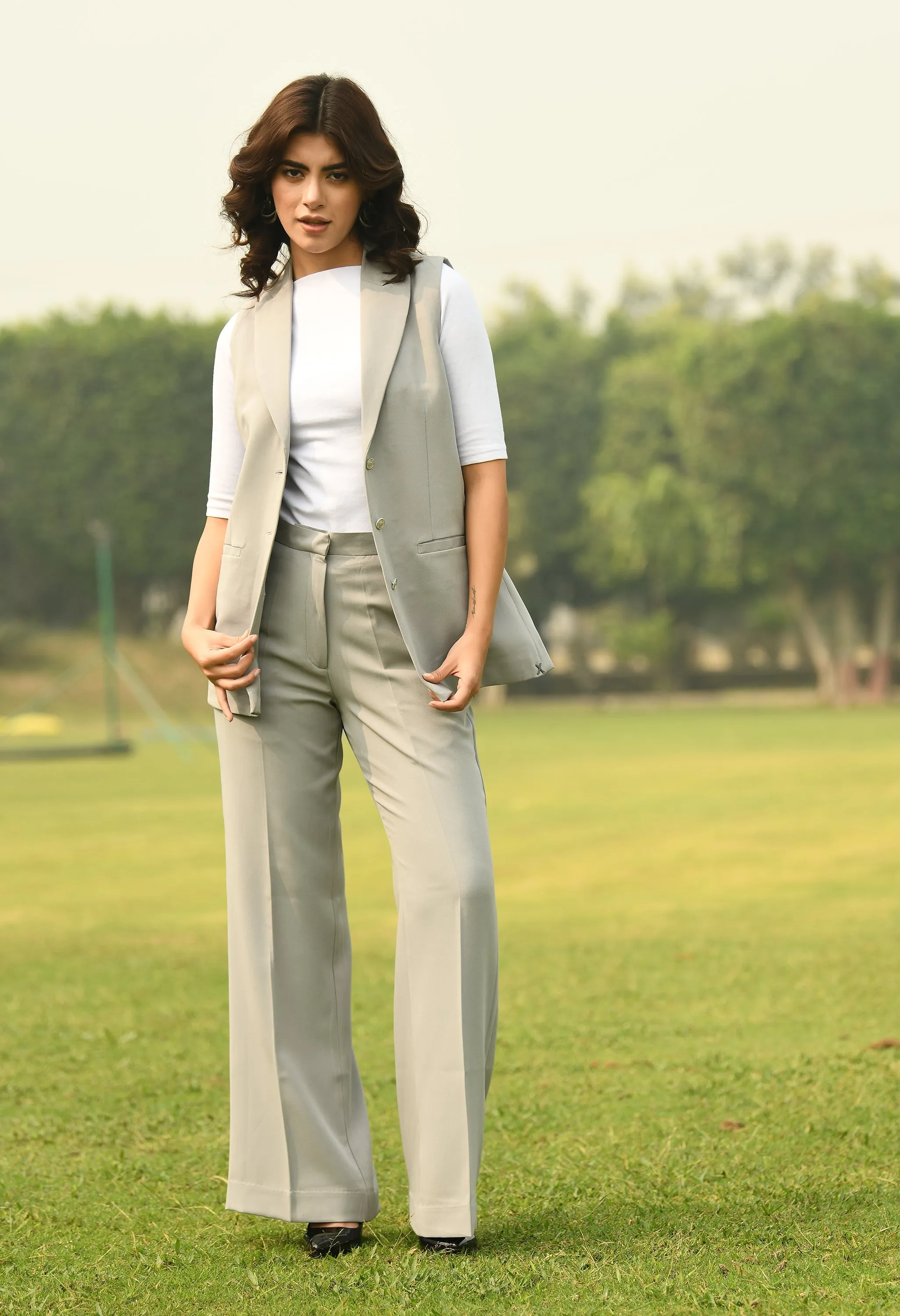 Grey Aspiration Sleeveless Blazer With Bootcut Trouser