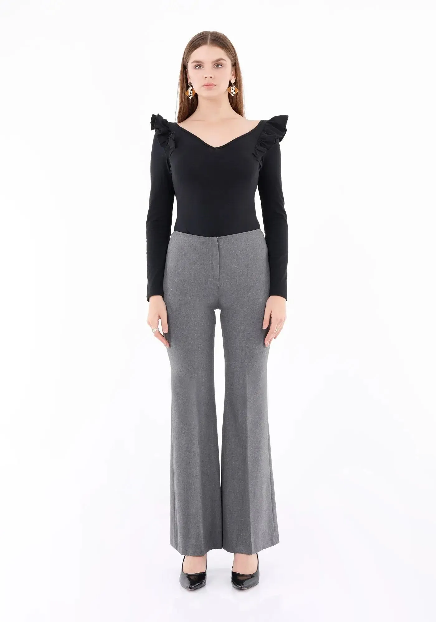 Grey Bootcut Pants - High Waisted Flare Trousers