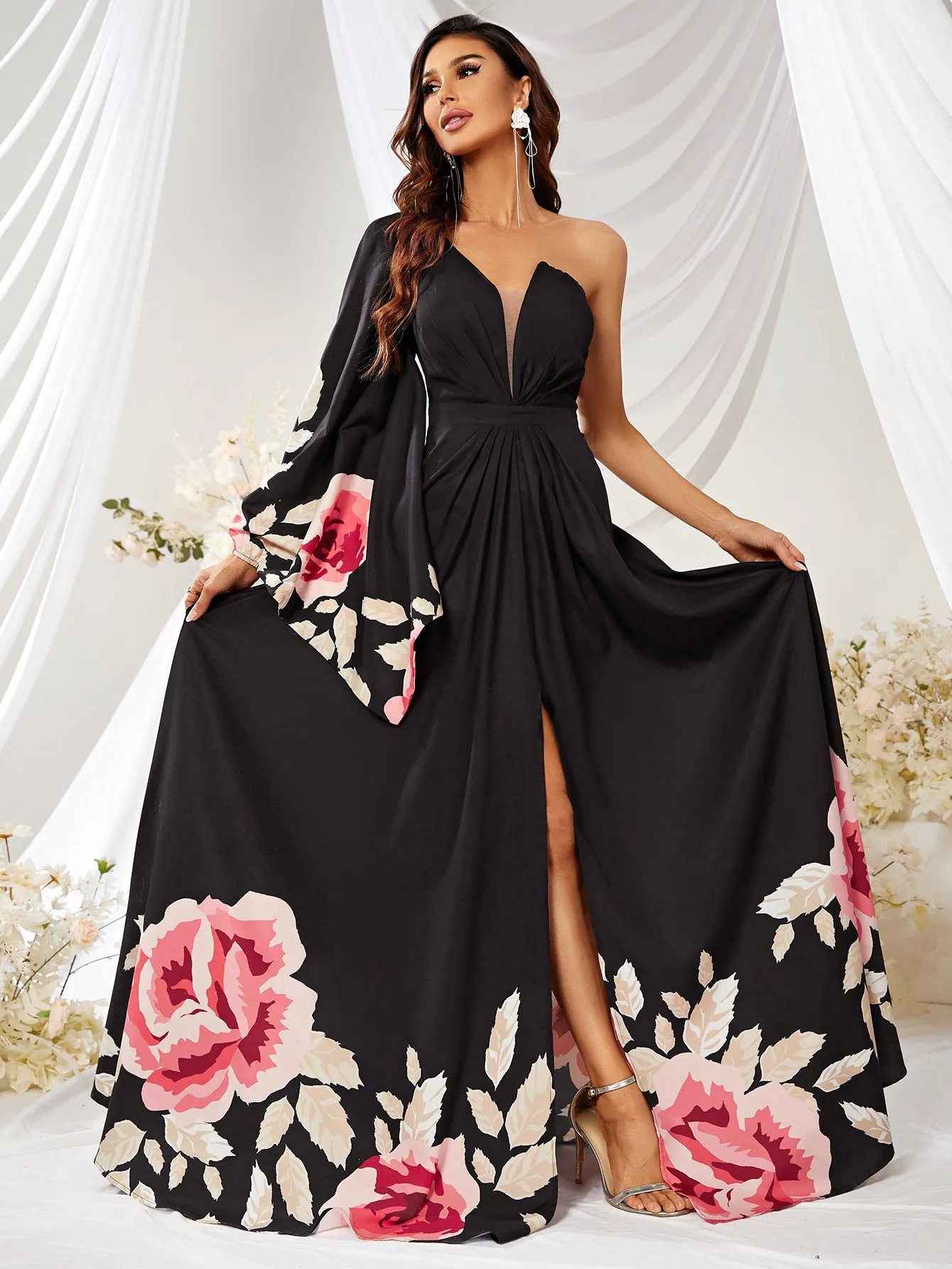 Kendra Black Floral Printed Gown