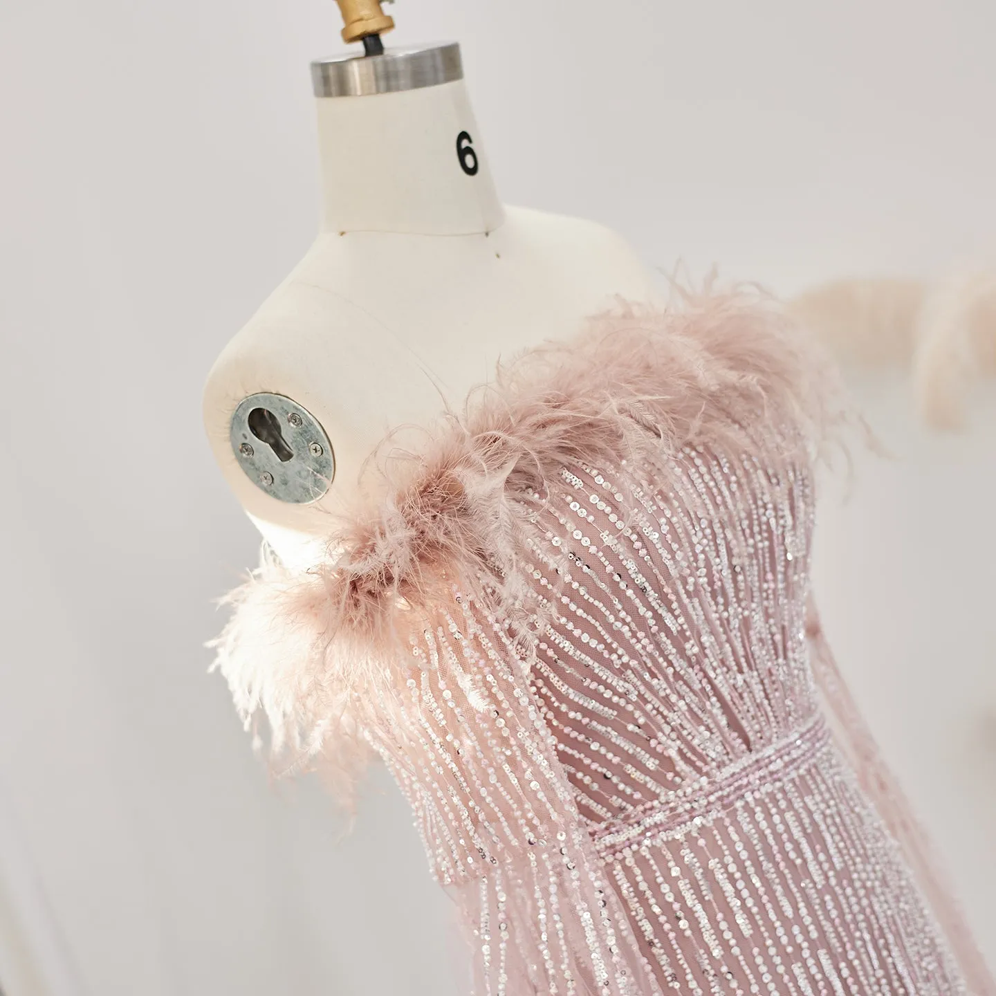 Luxury Feathers Pink Evening Dress with Cape Sleeves  SS215