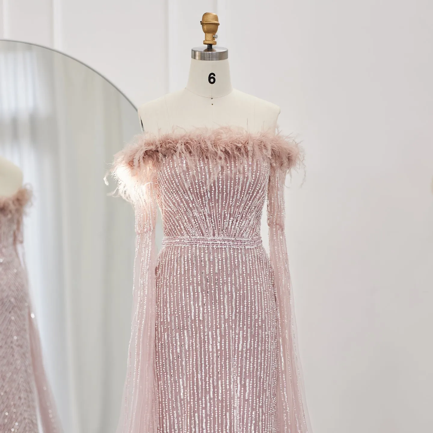 Luxury Feathers Pink Evening Dress with Cape Sleeves  SS215