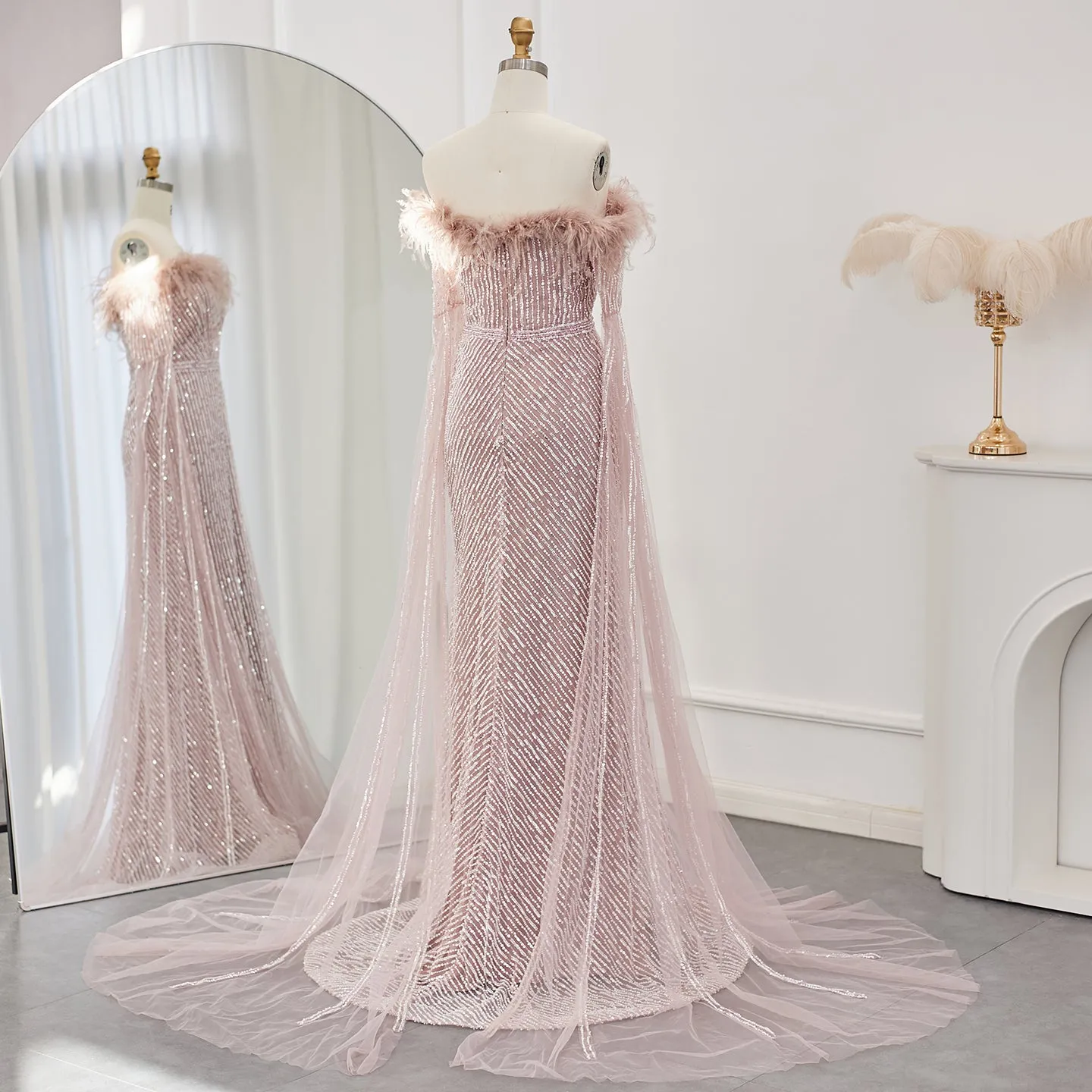 Luxury Feathers Pink Evening Dress with Cape Sleeves  SS215