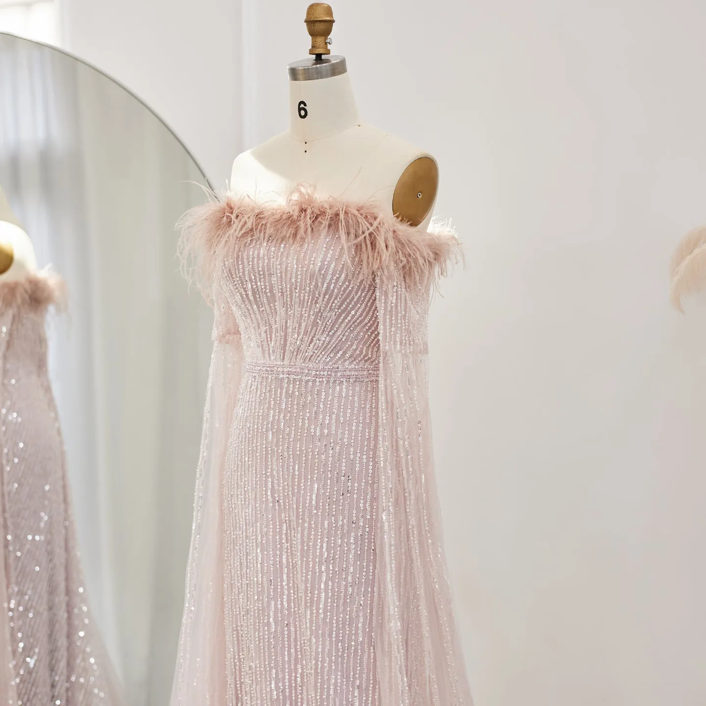 Luxury Feathers Pink Evening Dress with Cape Sleeves  SS215