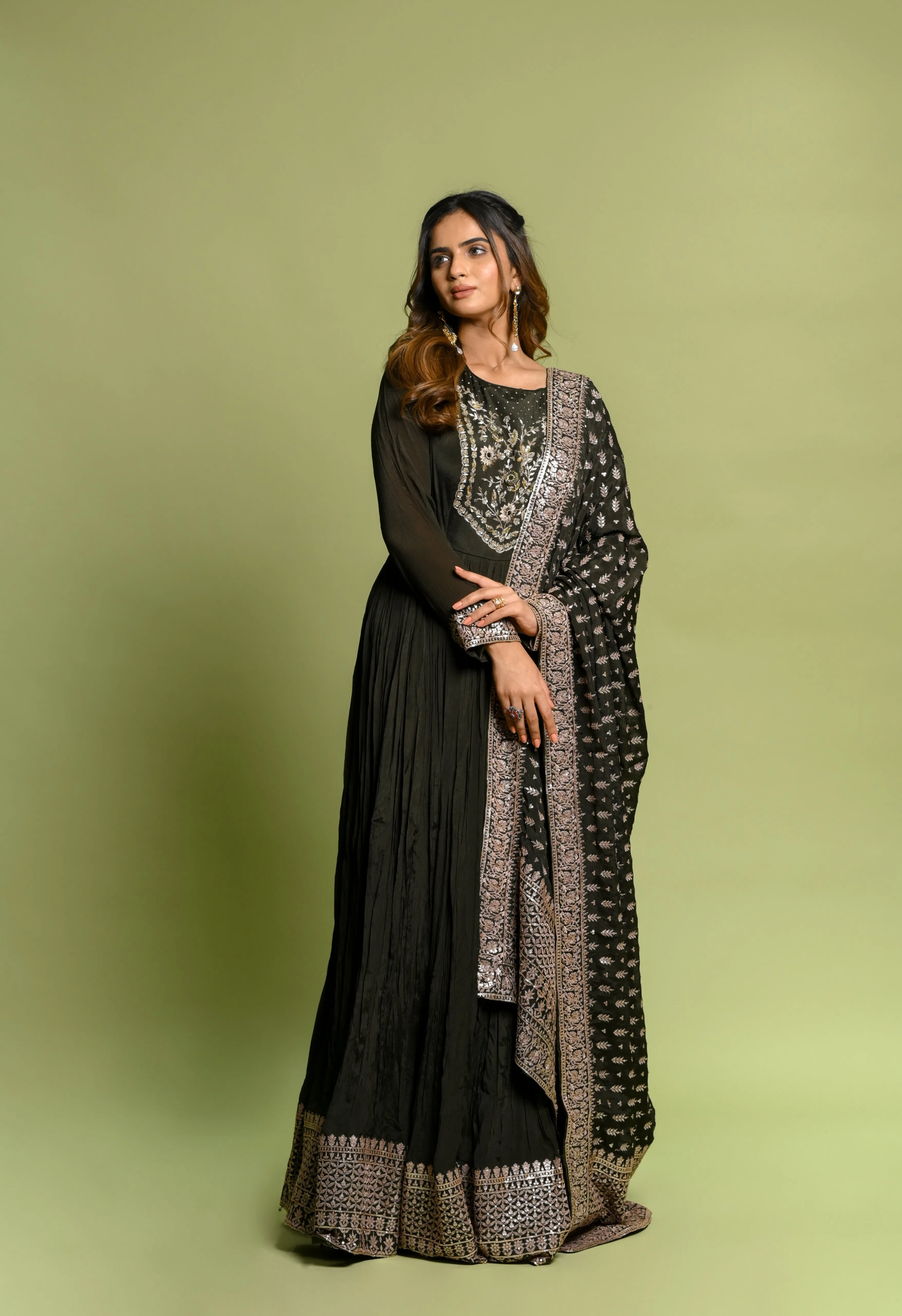 Mehendi Georgette Gown with Embroidered Dupatta