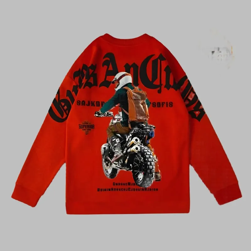 Motorcycle pattern sweatshirt men's spring and autumn trendy round neck long sleeve top