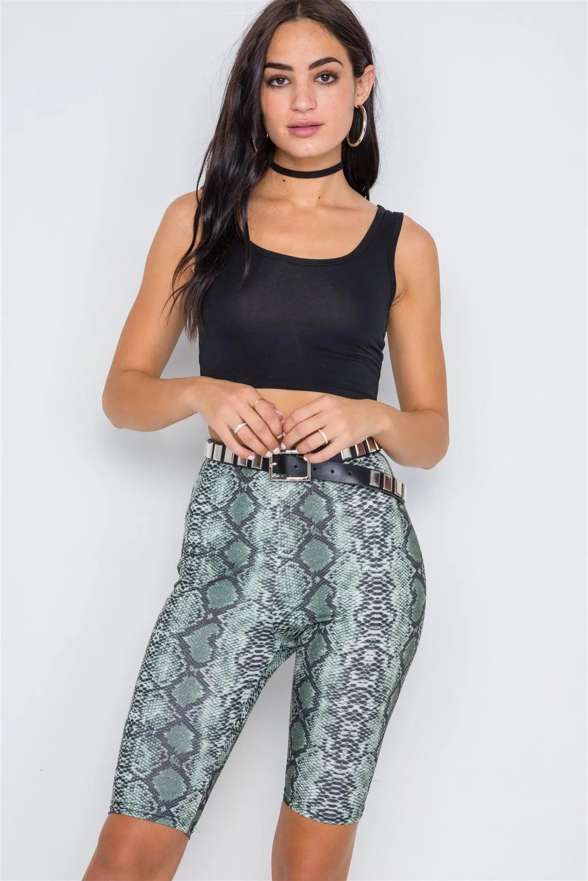 Olive Snake Print High-Waist Biker Shorts