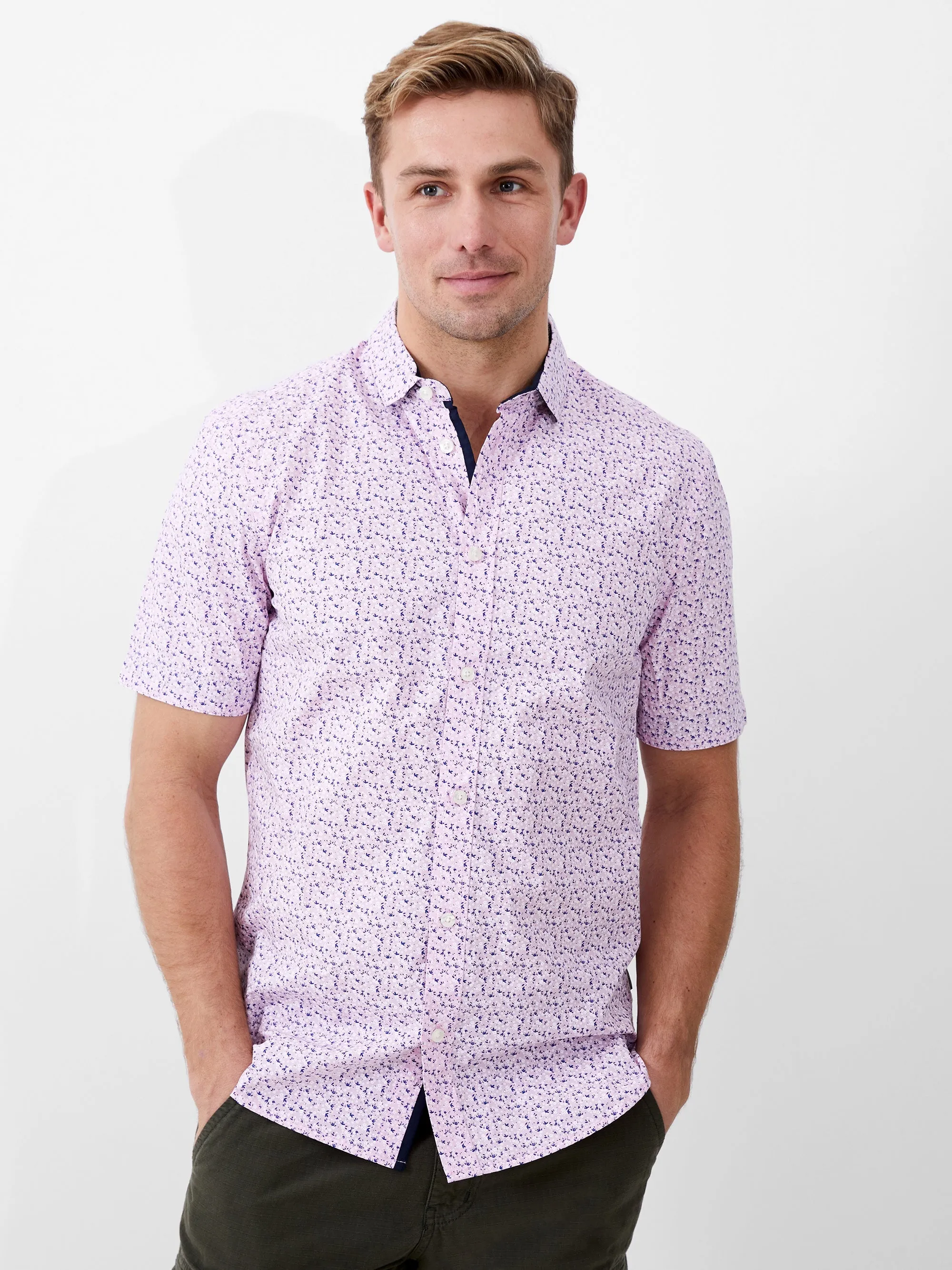 Patterned Short Sleeve Navy Trim Shirt