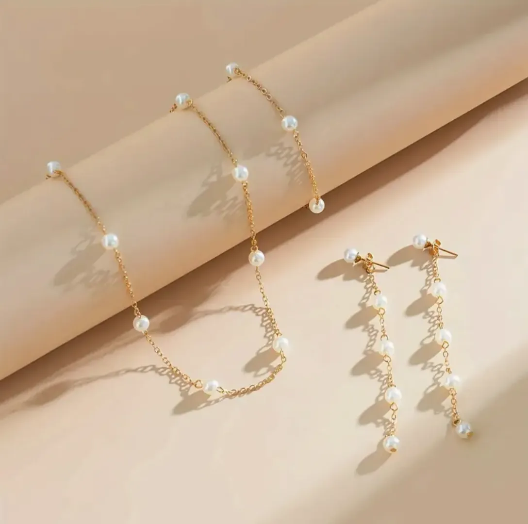 Pearl chain necklace set with long Earrings and Bracelet