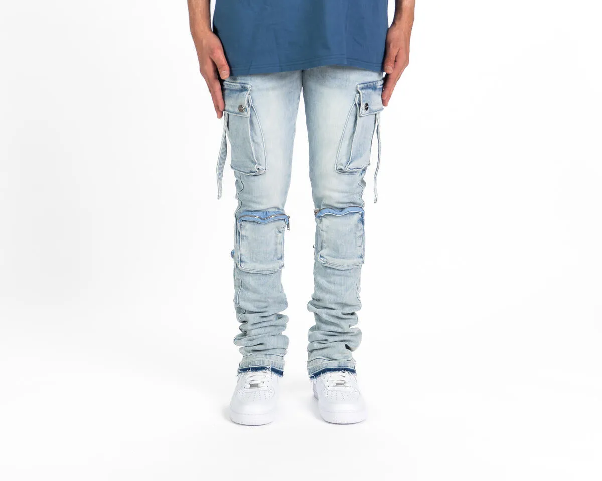 Pheelings NEVER LOOK BACK CARGO FLARE STACK DENIM (LIGHT BLUE)