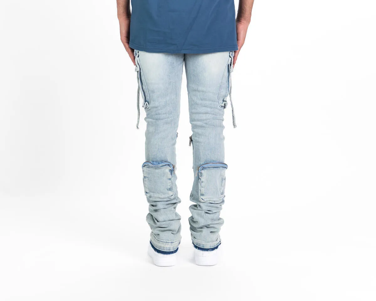 Pheelings NEVER LOOK BACK CARGO FLARE STACK DENIM (LIGHT BLUE)