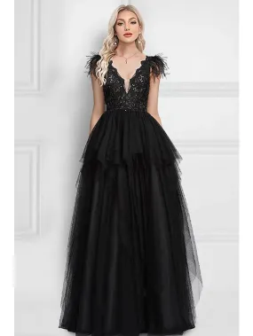 Prom Dresses Black Dress Wedding Party Floor Length Sleeveless V Neck Tulle with Feather Appliques