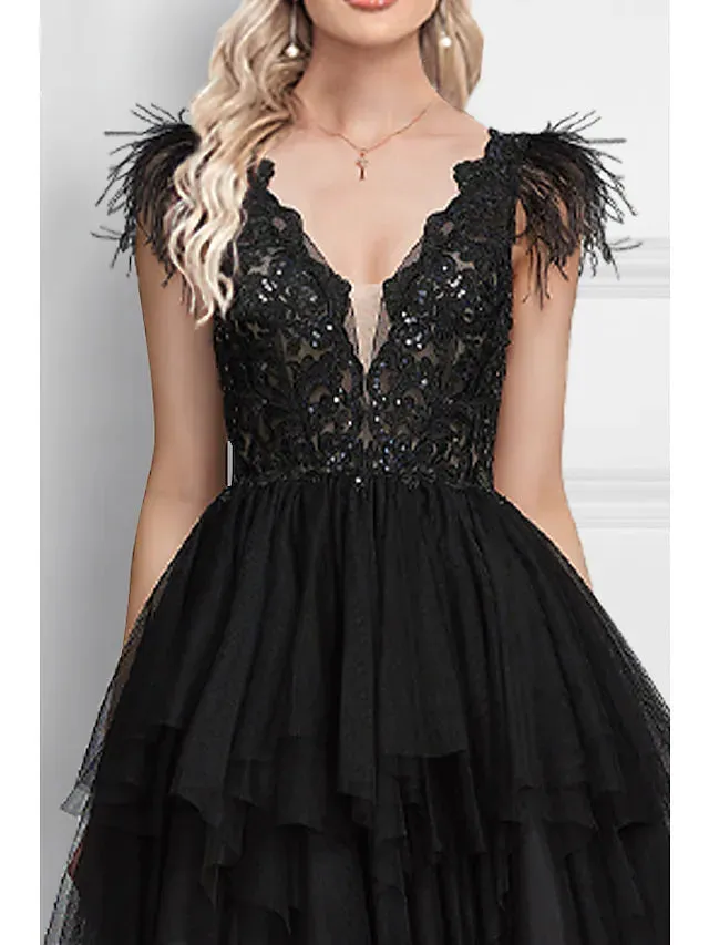 Prom Dresses Black Dress Wedding Party Floor Length Sleeveless V Neck Tulle with Feather Appliques