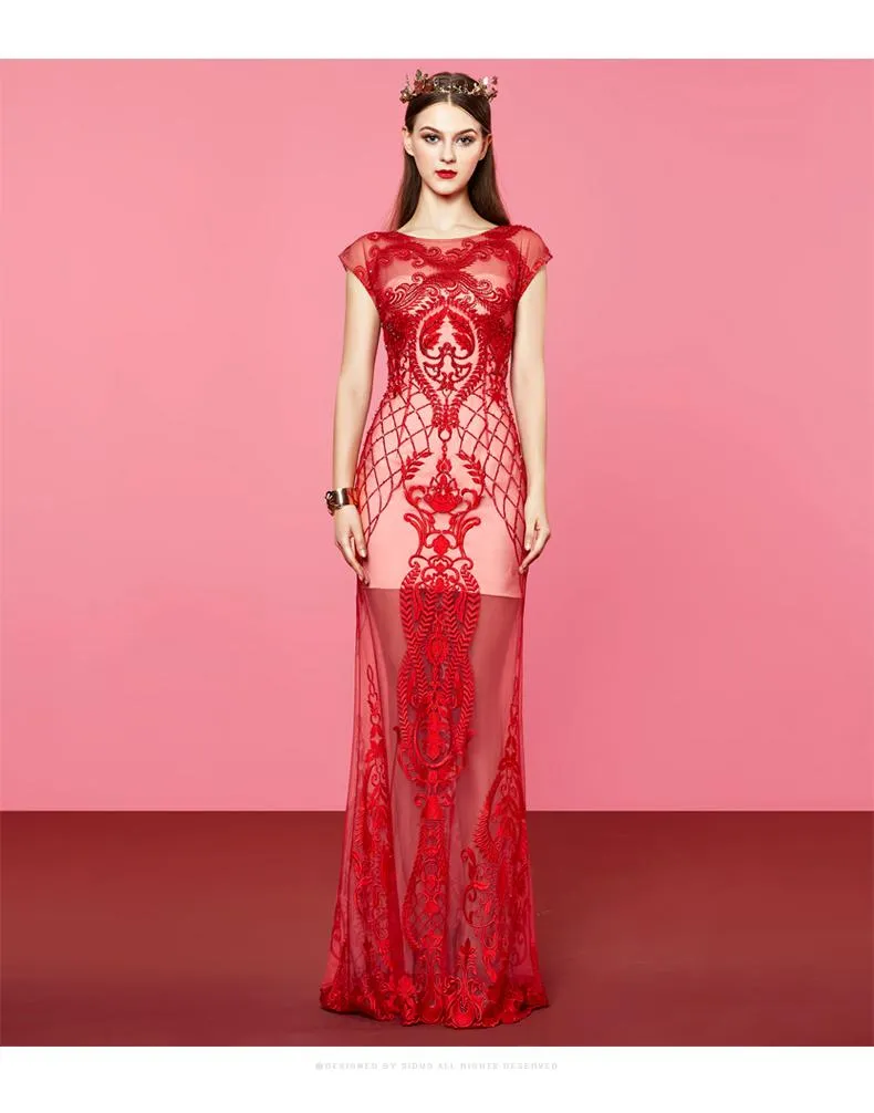 red banquet evening dress long formal lace bridesmaids evening gown dress- Lain