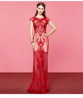 red banquet evening dress long formal lace bridesmaids evening gown dress- Lain