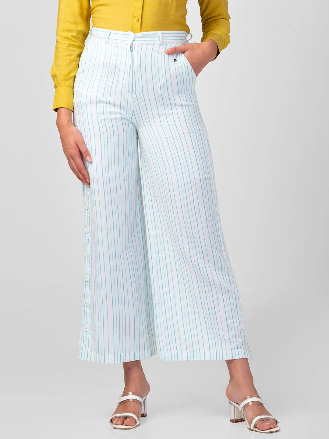 Spykar White Cotton Blend Bootcut Fit Ankle Length Striped Trousers