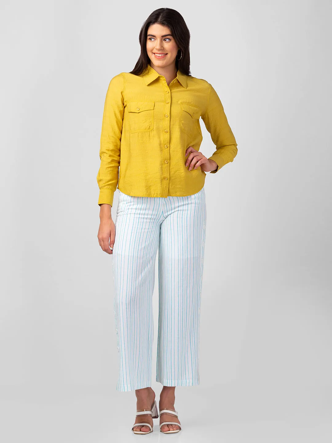 Spykar White Cotton Blend Bootcut Fit Ankle Length Striped Trousers