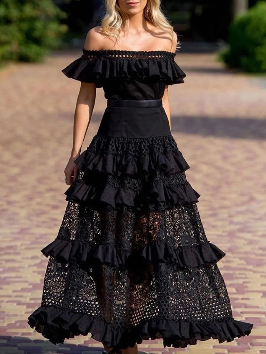 Wendy Ruffled Cutout Wide Hem Lace Dress