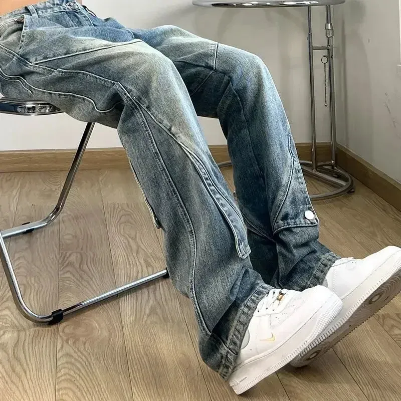 Wiaofellas  -  Male Cowboy Pants Bootcut Straight Aesthetic Trousers Flared Jeans for Men Spliced New in Original Clothes Y2k 2000s Loose Kpop